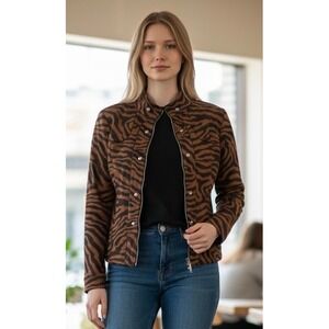 Lisa International Zebra Print Zip Up Jacket Brown Black Military Womens S